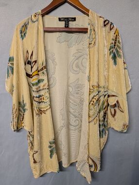 Vintage Silk Velvet Floral Kimono Cardigan - Cream with Teal & Brown Size Small